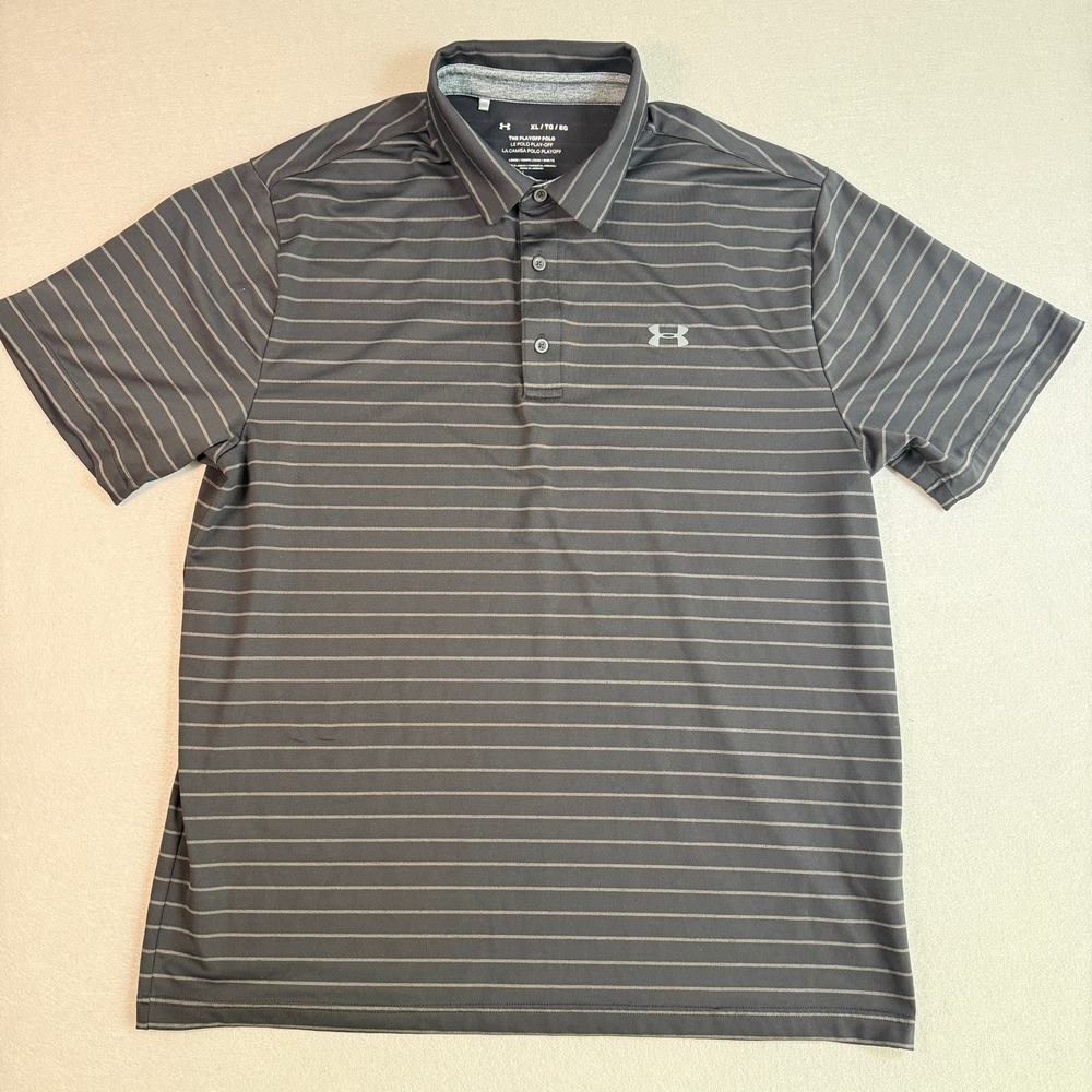 Under Armour Playoff Polo Shirt Mens XL Black Grey Striped Short Sleeve Golf